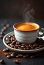 Hot coffee cup with smoke on dark background surrounded by coffee beans with copy space Royalty Free Stock Photo