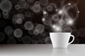 Hot coffee cup with smoke heart shape on the table with blurred light background. 3D rendering Royalty Free Stock Photo