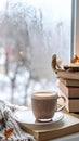 Hot Coffee Cup on Stack of Books Near Window with Rainy Weather Outside Royalty Free Stock Photo