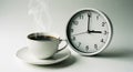 Hot Coffee Cup and White Wall Clock Set at Three O Clock Representing Punctuality and Refreshment Break Royalty Free Stock Photo
