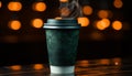 Hot coffee cup on wooden table in dark night background generated by AI Royalty Free Stock Photo