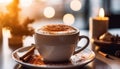 Hot coffee cup on wooden table, frothy drink with chocolate generated by AI Royalty Free Stock Photo