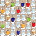 Coffee cups Tea Cups and Glasses of Water Seamless Repeat Pattern in Blue Red Green Yellow Royalty Free Stock Photo