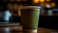 Hot coffee in disposable cup on wooden table at cafe generated by AI Royalty Free Stock Photo