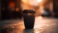 Hot coffee in disposable cup on wooden table generated by AI Royalty Free Stock Photo