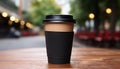 Hot coffee in disposable cup on wooden table at night generated by AI Royalty Free Stock Photo