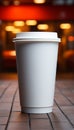 Hot coffee in disposable cup on wooden table outdoors generated by AI Royalty Free Stock Photo