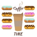 Hot coffee in disposable takeaway cup and selection of sweet donuts with different icings and toppings. Breakfast or lunch time