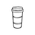 Hot coffee disposable to go cup with lids and label with text isolated on a white. Hand drawn illustrations