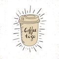 Hot Coffee Disposable to go Cup with lids and text - Coffee to go isolated on a white. Hand drawn illustration