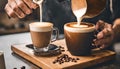 Barista pours milk froth into wood cup, crafting creamy espresso cappuccinoâa blend of textures, flavors, and AI vision