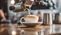 Barista pours milk froth into a wood cup, crafting creamy espresso cappuccinoÃ¢â¬âa blend of textures, flavors, and AI vision