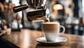 Barista pours milk froth into a wood cup, crafting creamy espresso cappuccinoÃ¢â¬âa blend of textures, flavors, and AI vision