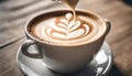 Barista pours milk froth into a wood cup, crafting creamy espresso cappuccinoÃ¢â¬âa blend of textures, flavors, and AI vision