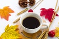 Hot coffee espresso with mable leaf in autumn season