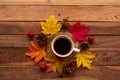 Hot coffee espresso with mable leaf in autumn season