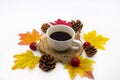 Hot coffee espresso with mable leaf in autumn season