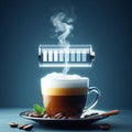 hot coffee with a faint steam. An image of the battery status bar almost full. floating on top.Concept of coffee to recharge your