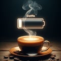 hot coffee with a faint steam. An image of the battery status bar almost full. floating on top.Concept of coffee to recharge your