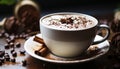 Hot coffee, frothy cappuccino, and chocolate dessert on wooden table generated by AI
