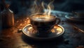 Hot coffee, frothy cappuccino, steam, relaxation in rustic coffee shop generated by AI