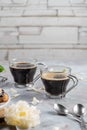 Hot coffee in glass cups. strong coffee on a board. Breakfast concept Royalty Free Stock Photo