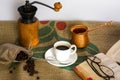 Hot coffee, glasses, fountain pen, book and coffee beans on a Coffee Gunny Sack Royalty Free Stock Photo