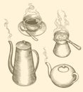 Hot Coffee, Hot Tea, Cup. Hand-drawn Illustration. Vintage Retro Engraving