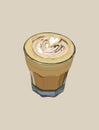 Hot coffee with latte art, sketch vector.