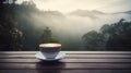 Hot coffee latte cappuccino with beautiful scenic view nature background Royalty Free Stock Photo