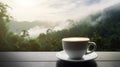 Hot coffee latte cappuccino with beautiful scenic view nature background Royalty Free Stock Photo