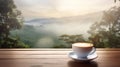 Hot coffee latte cappuccino with beautiful scenic view nature background Royalty Free Stock Photo