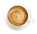 Hot coffee latte cappuccino spiral foam in ceramic cup on plate top view isolated on white background, clipping path Royalty Free Stock Photo