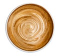 Hot coffee latte cappuccino spiral foam top view isolated on white background, clipping path Royalty Free Stock Photo