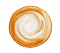 Hot coffee latte cappuccino spiral foam top view isolated on white background, clipping path Royalty Free Stock Photo