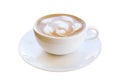 Hot coffee latte cappuccino in white cup with latte art milk foam isolated on white background, clipping path included Royalty Free Stock Photo