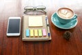 Hot coffee with leaf shape latte art on the wood table