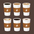 Hot coffee menu in white cups vector illustration.