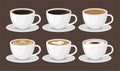 Hot coffee menu in white cups vector illustration.