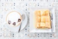 hot coffee mocha latte in white mug and bread on wood background Royalty Free Stock Photo