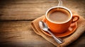Hot Coffee in Orange Cup on Rustic Wooden Table with Spoon and Burlap Cloth Royalty Free Stock Photo