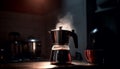 Hot coffee poured from shiny steel machinery generated by AI