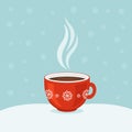 Hot coffee in red cup. Winter background. Christmas card. Royalty Free Stock Photo