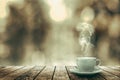 A hot coffee on the table on a winter background Royalty Free Stock Photo