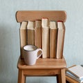Hot coffee or tea, cocoa, chocolate cup and old books on wooden chair. Concept of stydy education, time for reading, monochrome
