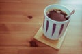 Hot coffee with a teaspoon in Japanese cup on bamboo coaster. Royalty Free Stock Photo