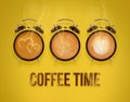 Hot coffee in a three retro alarm clocks. coffee time concept