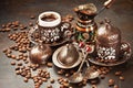 Composition with coffe cup, beans and coffee pot Royalty Free Stock Photo