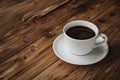 hot coffee in white cup on wooden table Royalty Free Stock Photo