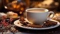 Hot coffee on wooden table, frothy cappuccino with chocolate generated by AI Royalty Free Stock Photo